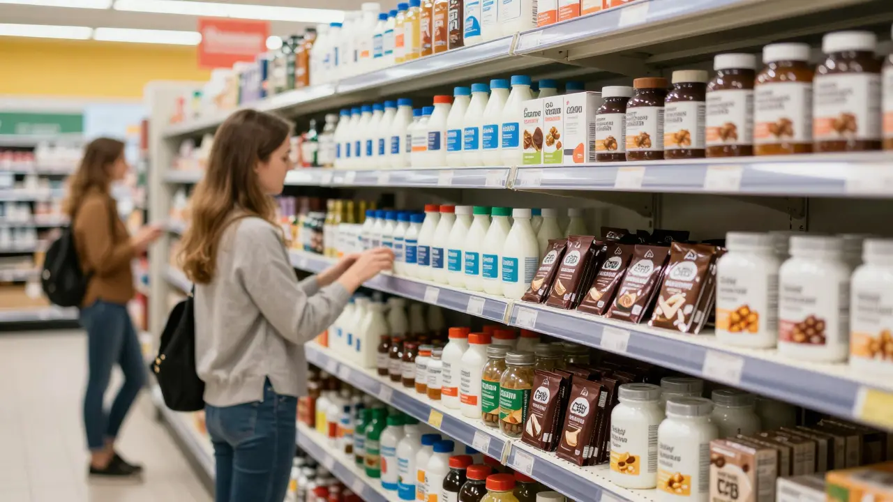 Police s CBD potravinami v českém supermarketu vedle běžných výrobků jako mléko a vitamíny, přirozený nákupní prostorek.