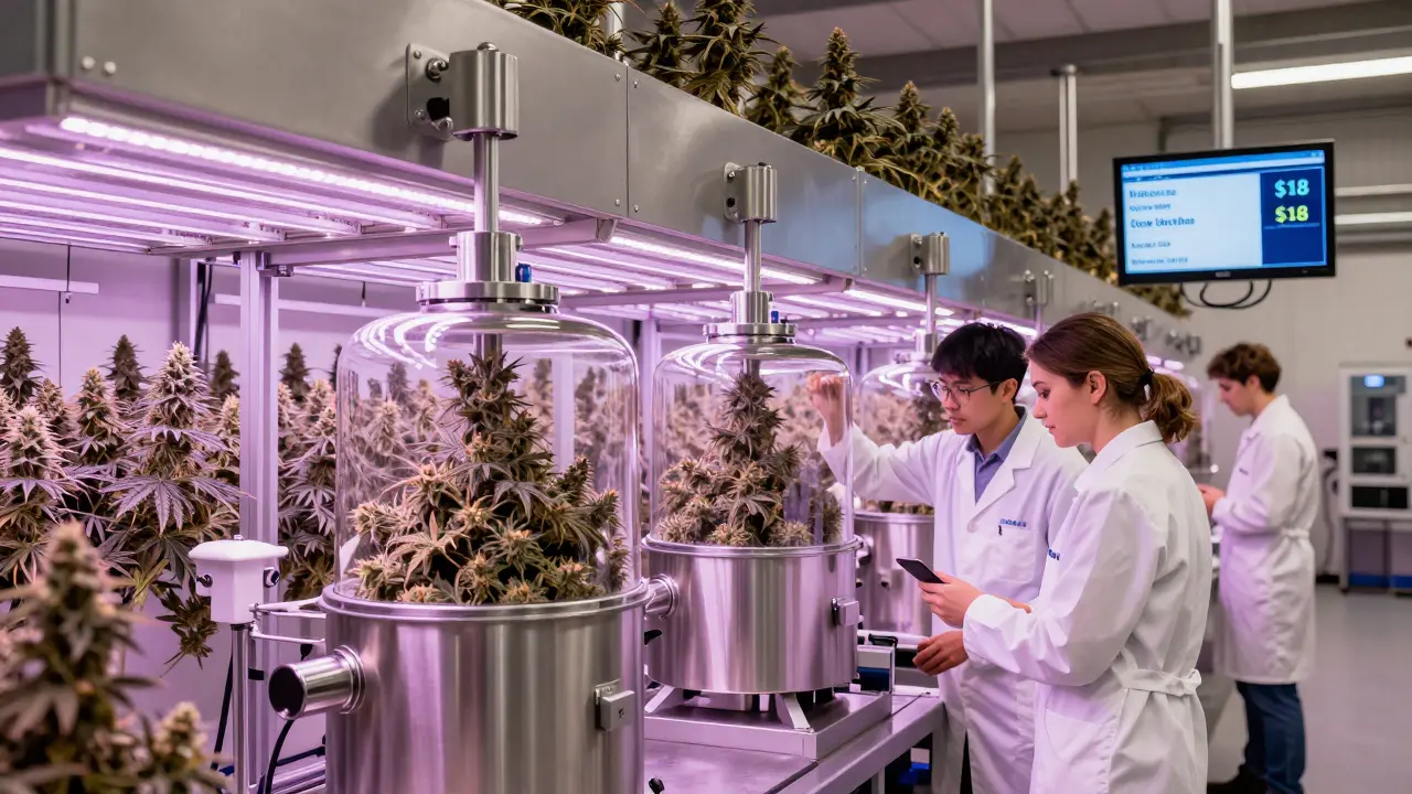 Pracovníci v laboratoři zpracovávají konopí pomocí CO2 extrakce v průmyslovém zařízení v Michiganu.