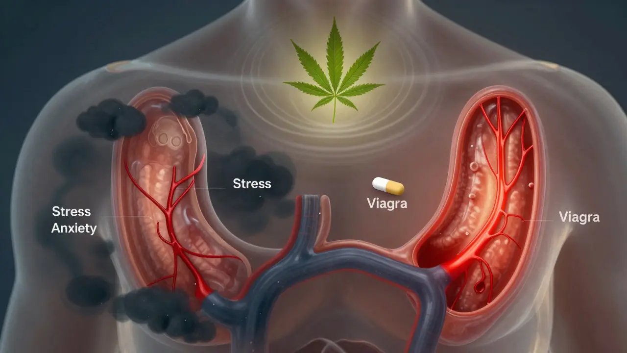 Průřez mužského těla ukazující stresové bloky a rozšířené cévy při užívání Viagra, zatímco CBD působí jen náhradně.