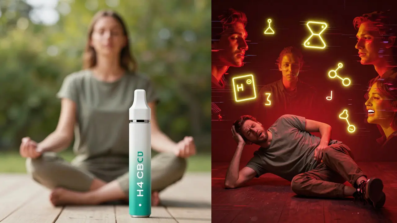 Split image: calm meditation vs. chaotic reaction to fake vape, symbolizing real vs. synthetic effects.