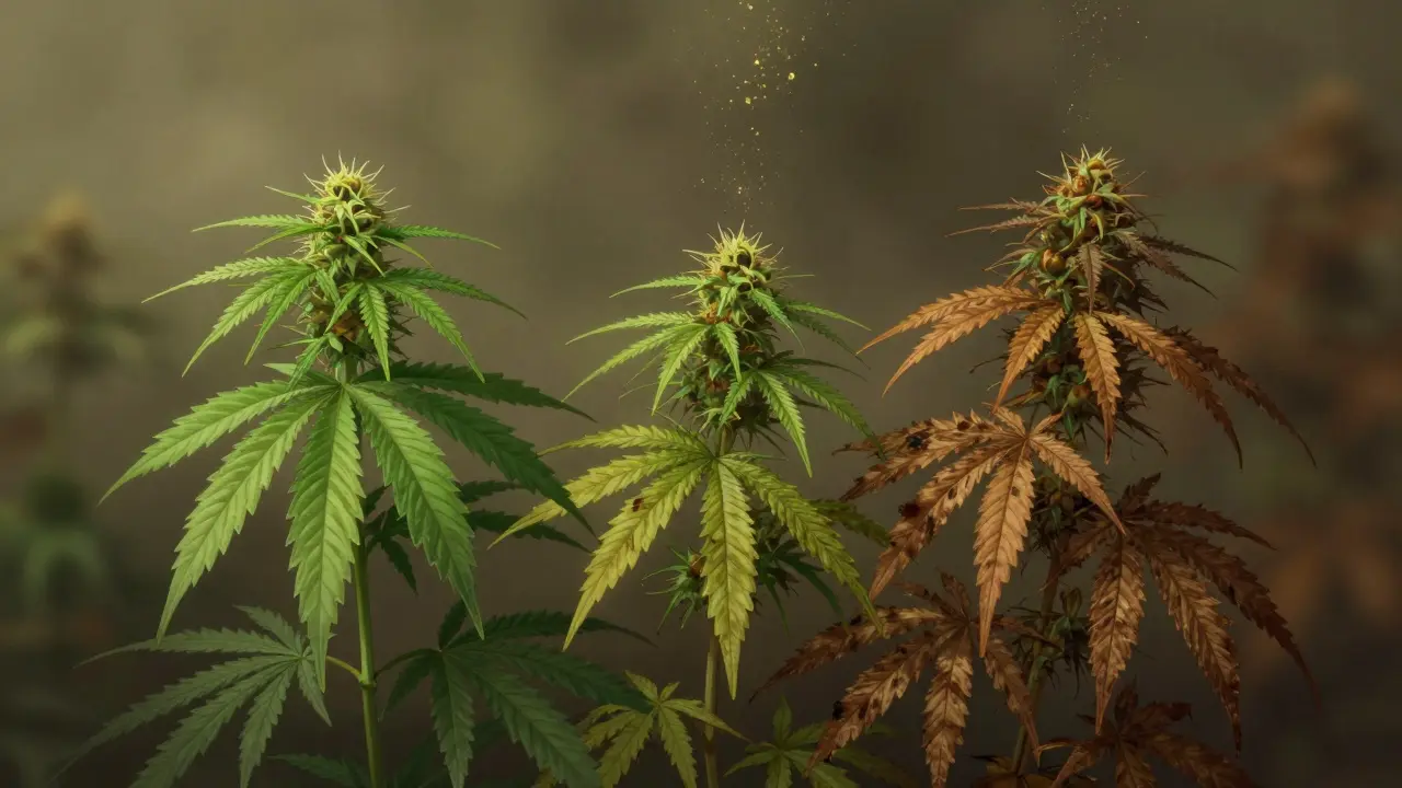 Stárnející listy konopí přeměňují se na zlaté částice CBN v atmosféře přírodní transformace.