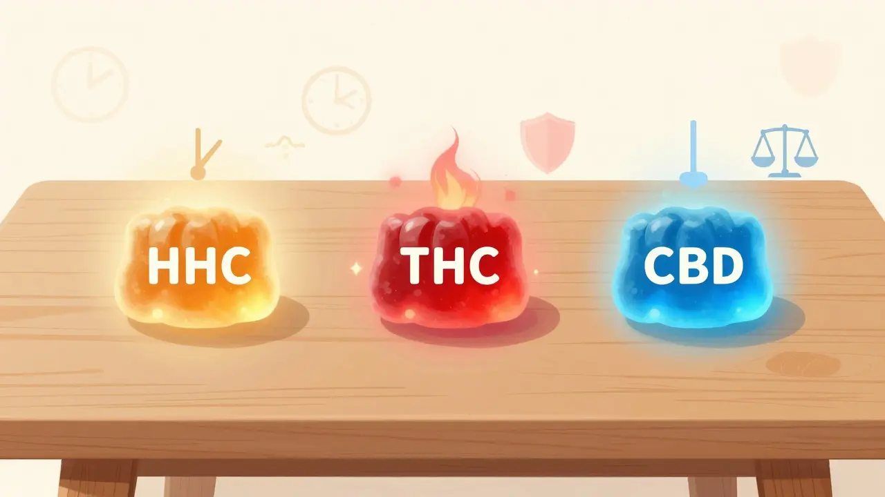 Tři druhy gumiček: HHC, THC a CBD, každá s jemně odlišným zářením a vizuálními symboly jejich účinků.