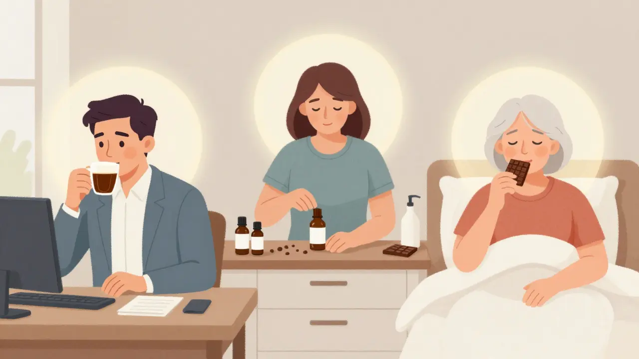 Tři generace lidí užívající CBD: mladý profesionál, dospělý a starší osoba, každý v jiné situaci úlevy od bolesti, úzkosti nebo poruch spánku.