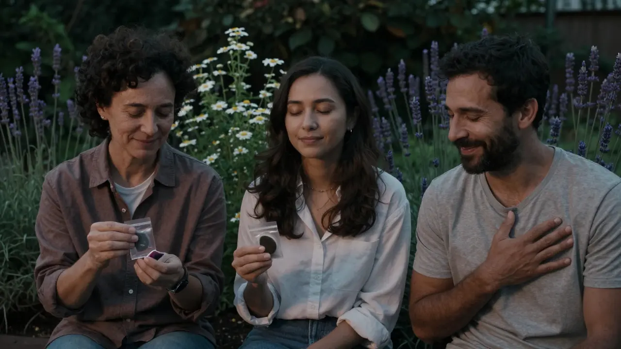Tři lidé v zahradě ve večerním světle klidně drží marihuánové bonbony.