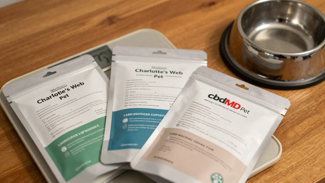 Tři známé značky CBD pro zvířata s laboratorními certifikáty a dávkovacími návodůmi.