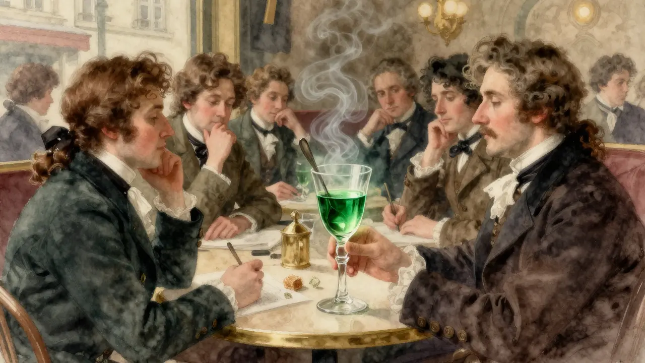 Umělci v pařížské kavárně v 19. století, kteří pijí absint, s jemnými bylinnými obláčky nad sklenicí.