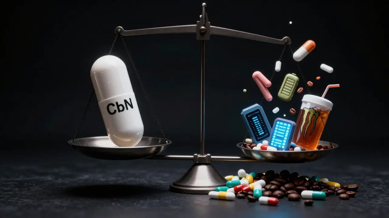 Váha čistého CbN proti chaosu stimulujících přísad, symbolizující důležitost kvality a času.