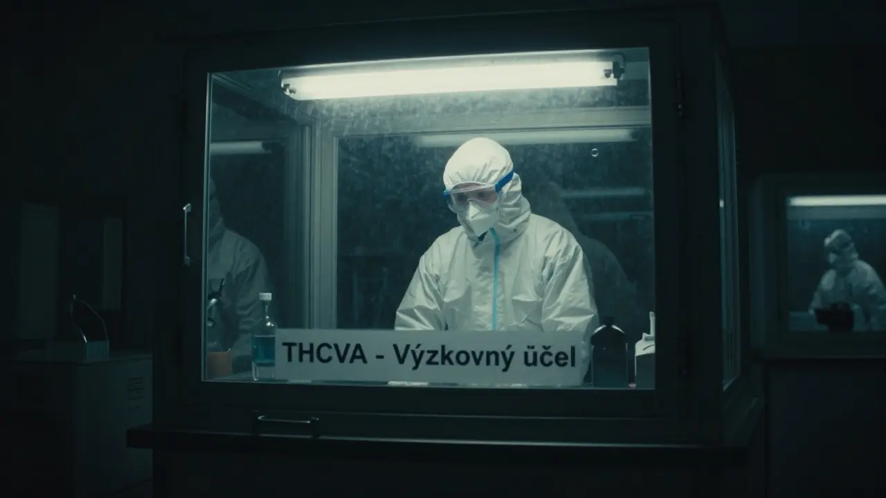 Vědec pozoruje kontejner s THCVA v bezpečné laboratoři.