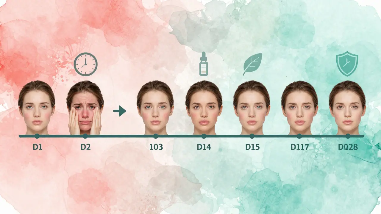 Vývoj pokožky od podrážděné kůže k klidné a zdravé během 4 týdnů.