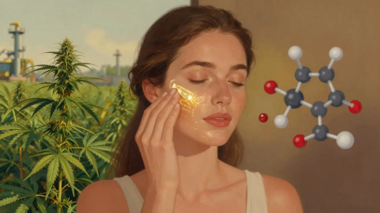 Žena aplikuje sérum na obličej, z její pokožky se vynoří zlaté světlo symbolizující účinek Delta 9