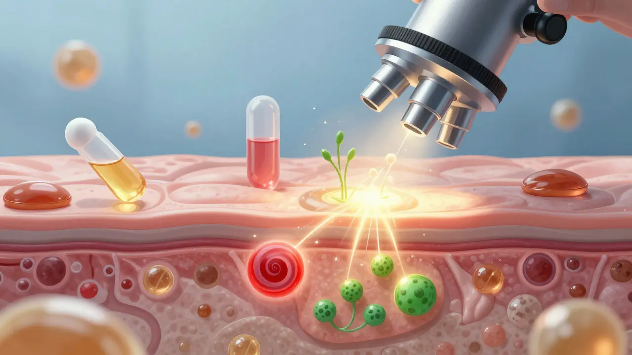 Zvětšený pohled na kůži, kde CBG proniká do vrstev a uklidňuje zánět.