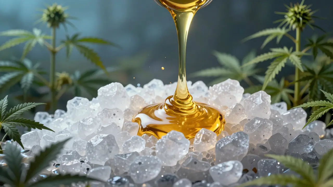 Abstraktní vizualizace procesu krystalizace konopných koncentrátů