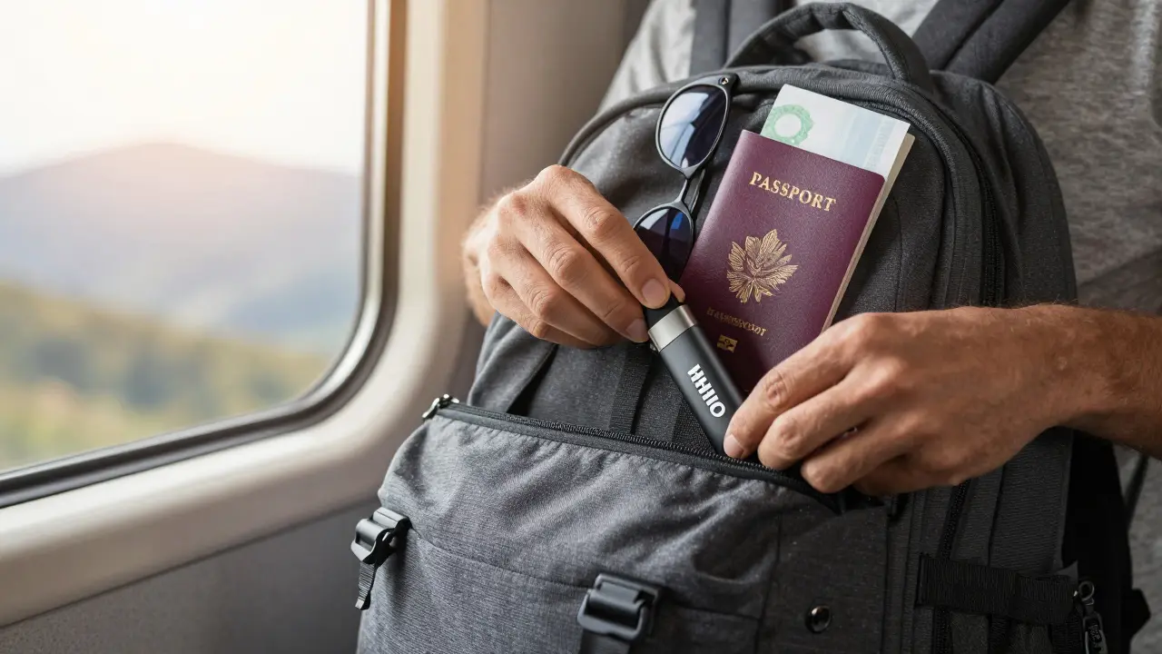 Cestovatel balí kompaktní vape do batohu při slunečném světle s výhledem na horizont.