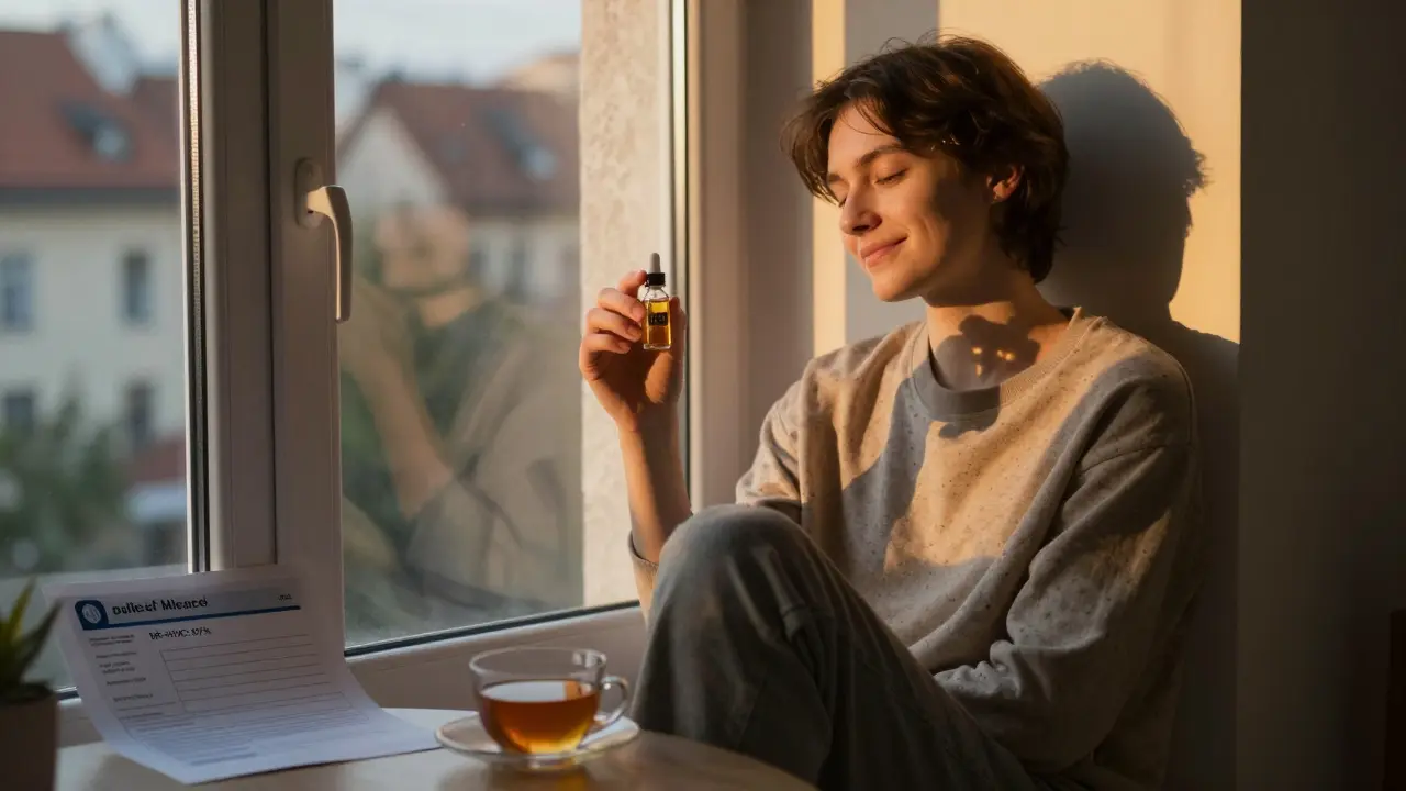 Člověk klidně drží lahvičku HHC v domácím prostředí při západu slunce.