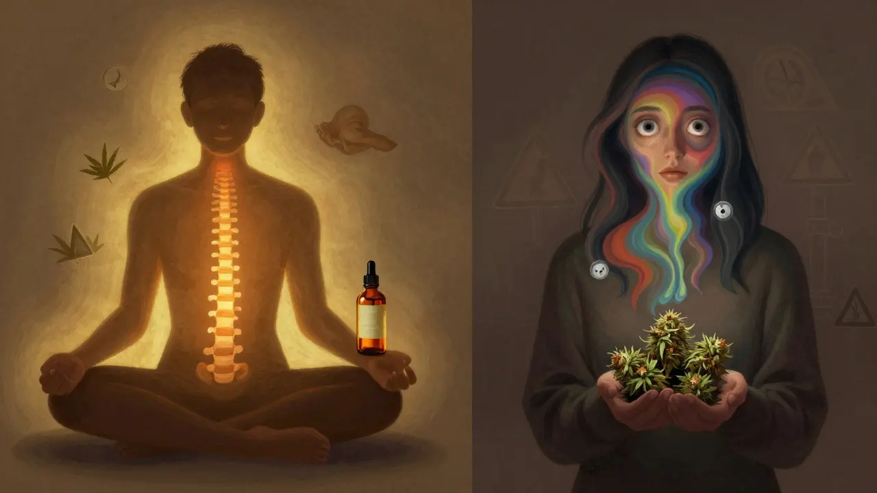 Dva člověčí siluety: jeden klidný s CBD, druhý s narušeným vnímáním z marihuany, v surrealním stylu.