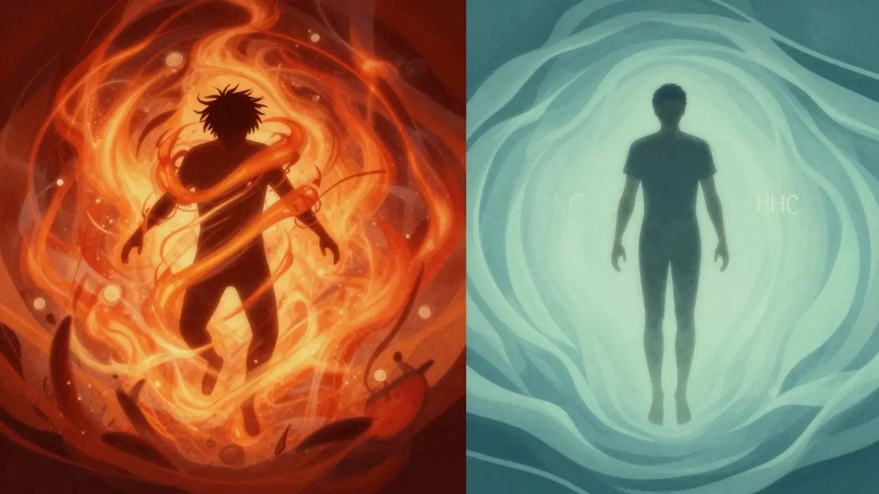 Dva stavy účinku: chaotický THC vs. klidný, prodloužený HHC ve stylu symbolického obrázku.