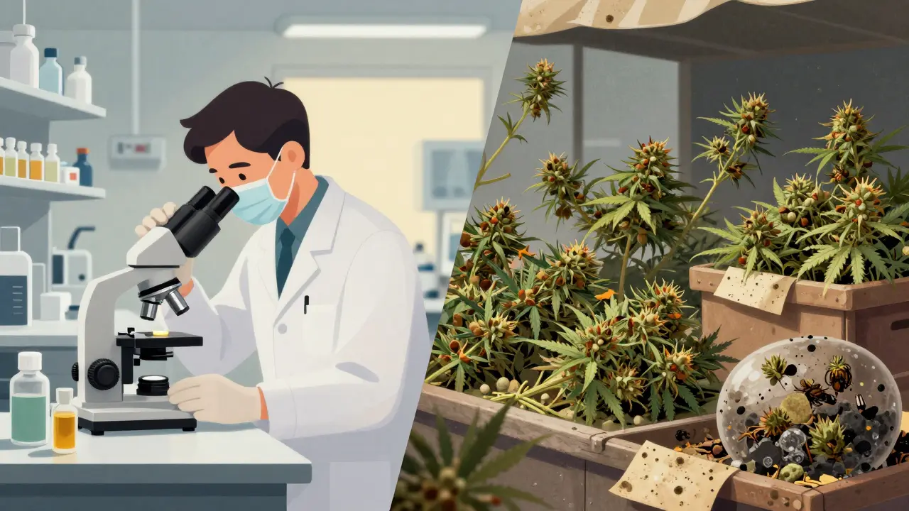 Dvě scény: čistá laboratoř s CBD olejem a nečistý trh s konopím, znázorňující regulaci versus nejistotu.
