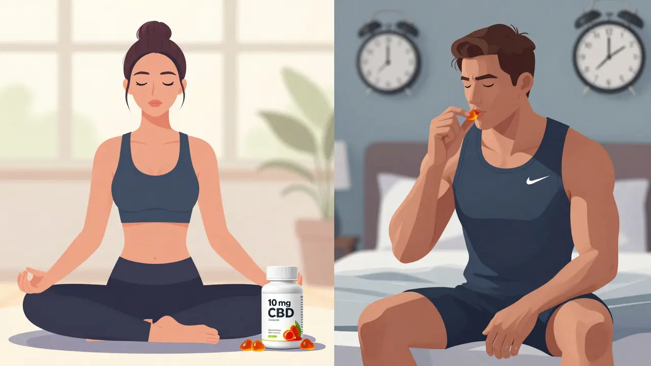 Dvě scény: žena s 10 mg CBD a muž s 25 mg CBD, ukazující různé přístupy k užívání.