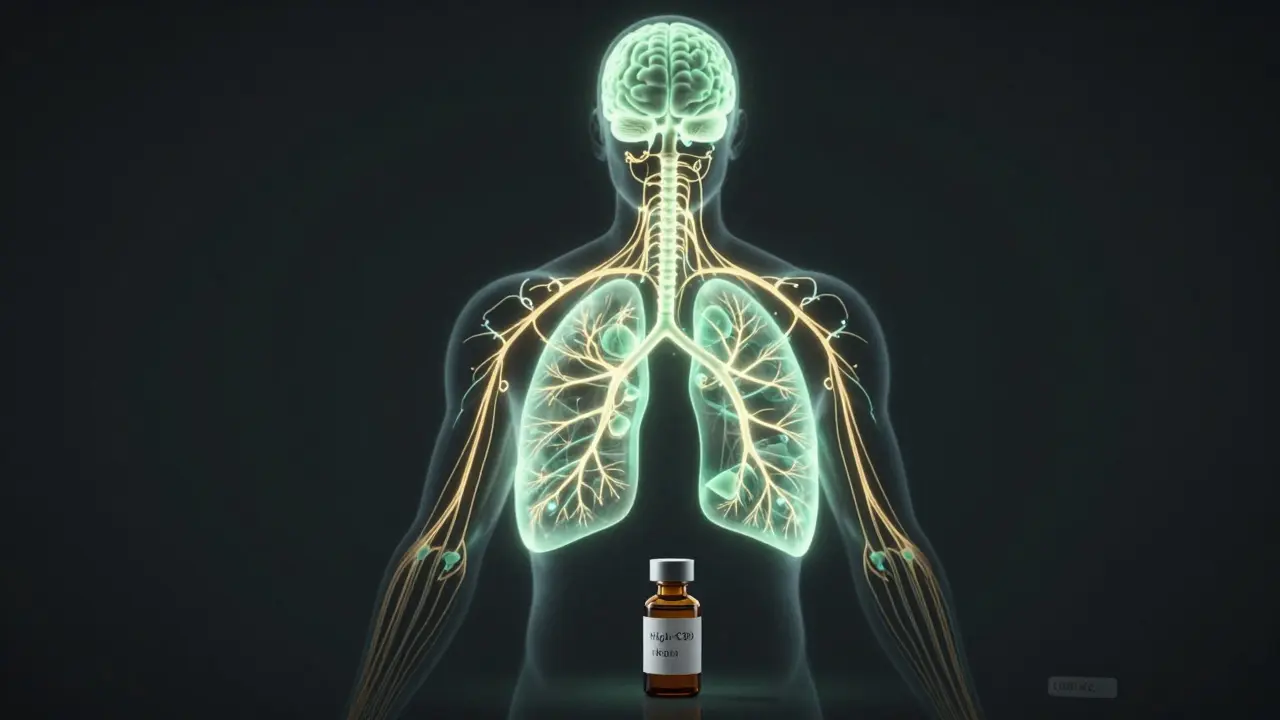 Lidský silueta s cestami světla, znázorňující cestu CBD z plic do mozku.