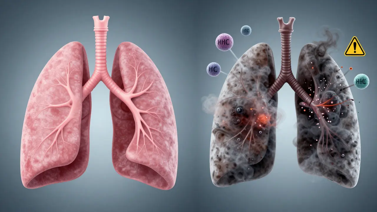 Medical illustration comparing healthy lungs to lungs damaged by HHC vape chemicals.