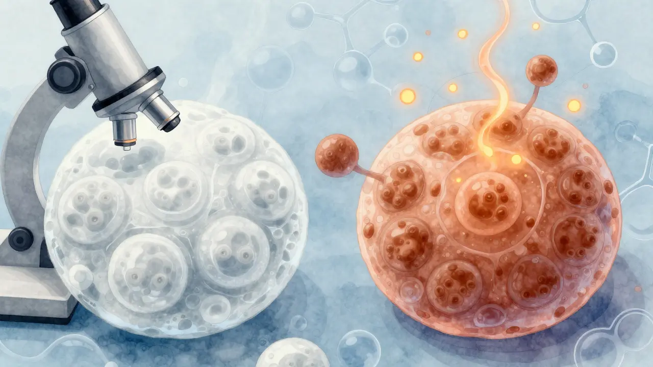 Mikroskopický pohled na přeměnu bílých tukových buněk na hnědé, které vydávají teplo, v vědeckém stylu.