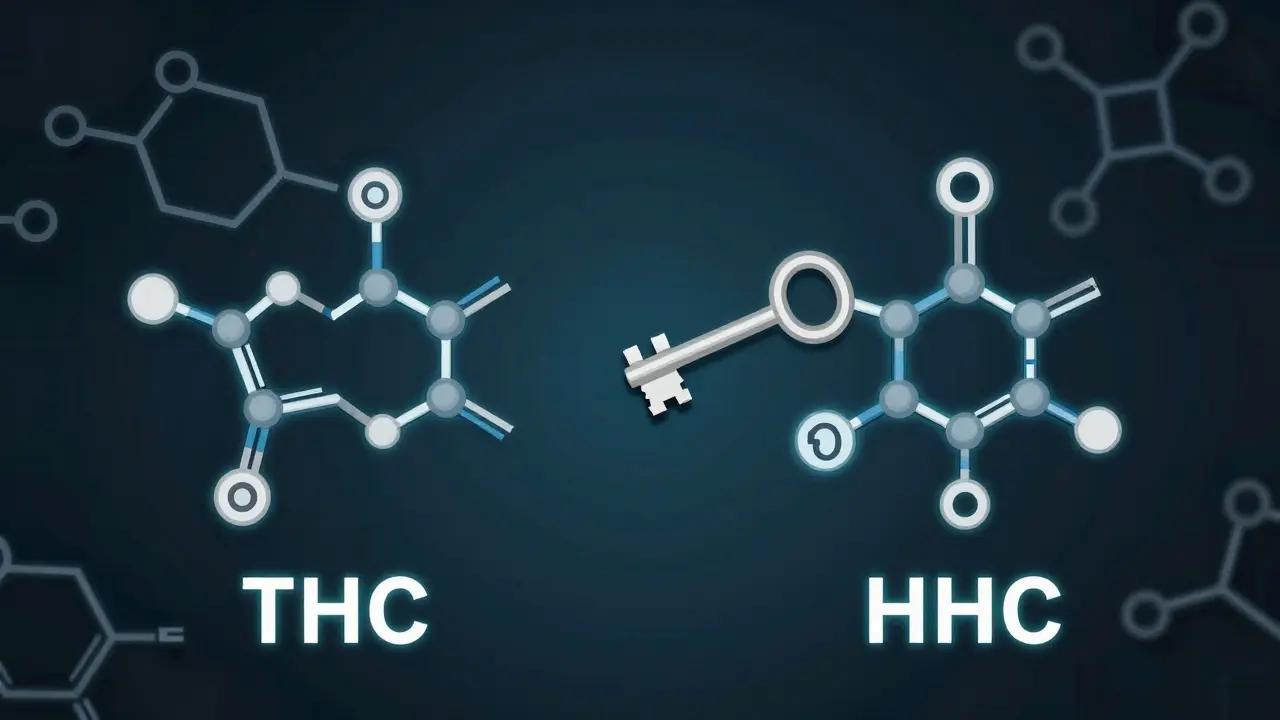 Molekulární struktura HHC-O jako klíč s více zuby, který vstupuje do receptoru v mozku, ve srovnání s jednoduššími klíči THC a HHC.