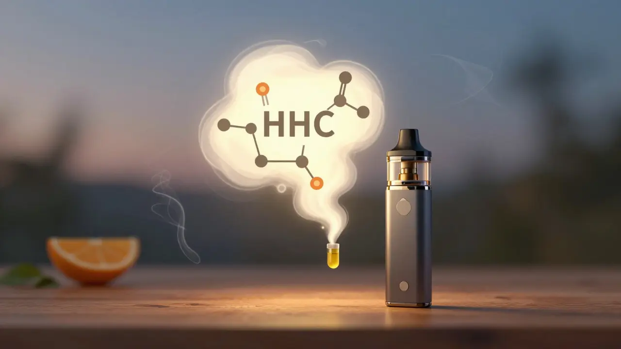Molekulární struktura HHC se mění v jemný parní oblak nad vape penem s citrusovými a mentolovými stopami.