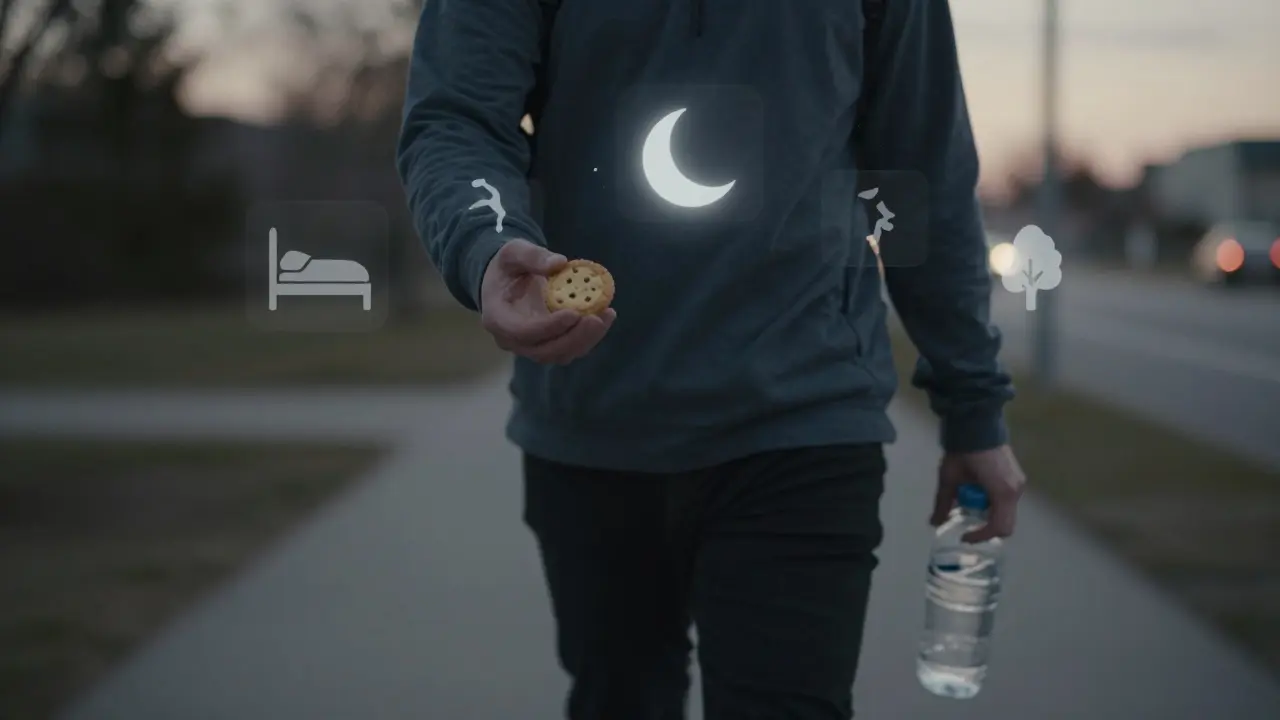 Osoba kráčí večer s CBD sušenkou a láhví vody, kolem ní jemné symboly spánku a pohybu.