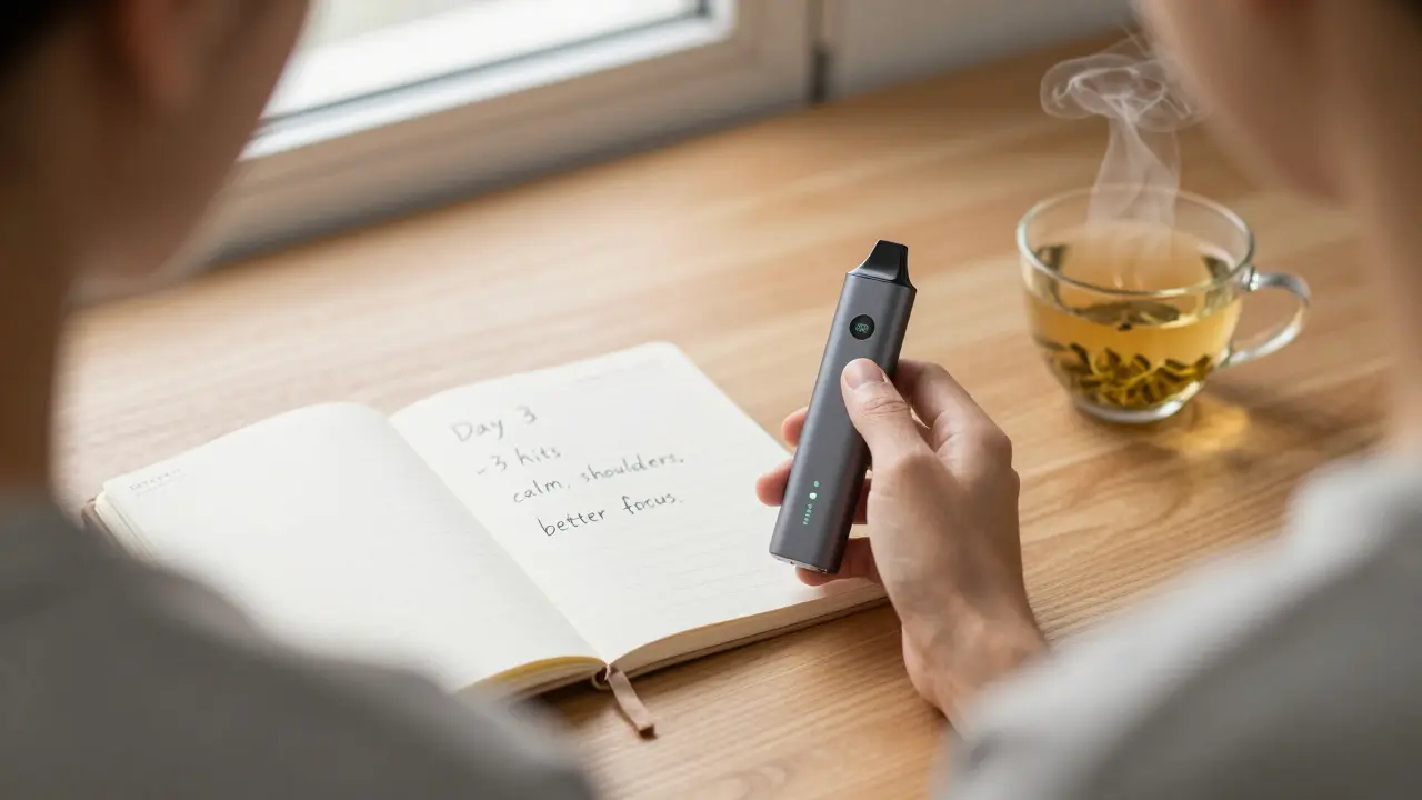 Osoba s vape penem a poznámkami o dávkování v klidném domácím prostředí.