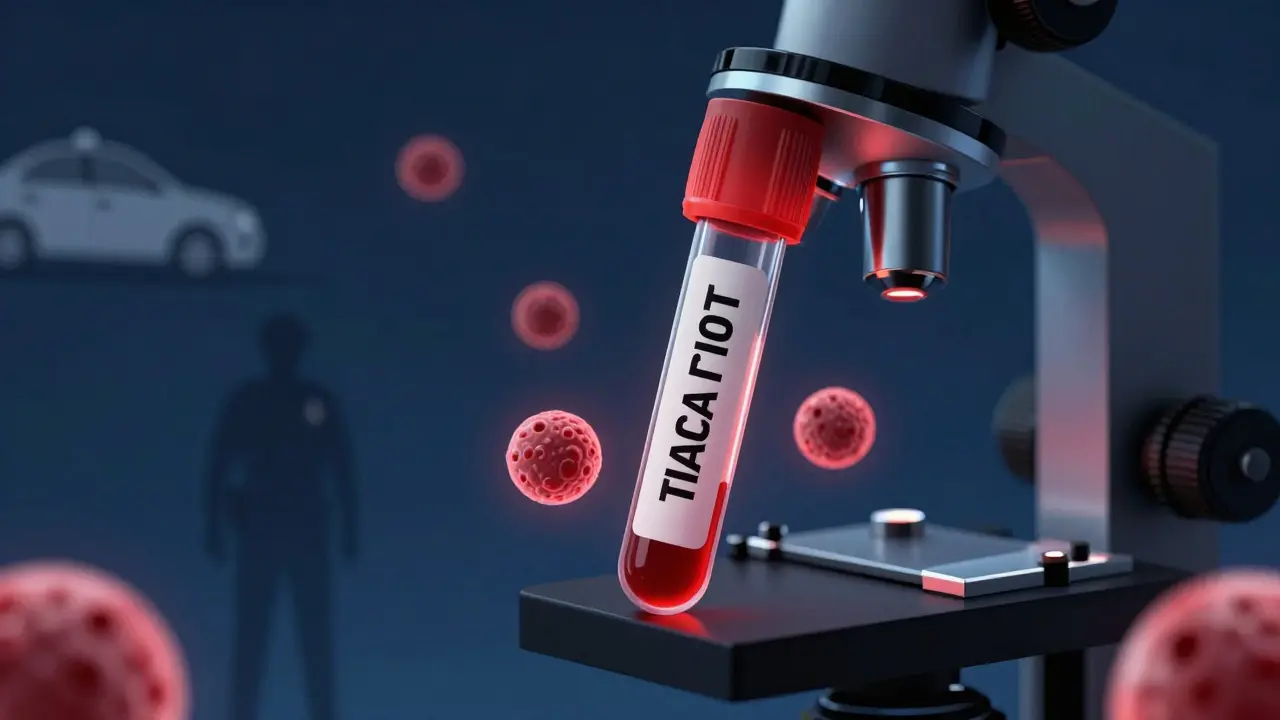 Pod mikroskopem krevní vzorek s detekovatelnými molekulami THC.