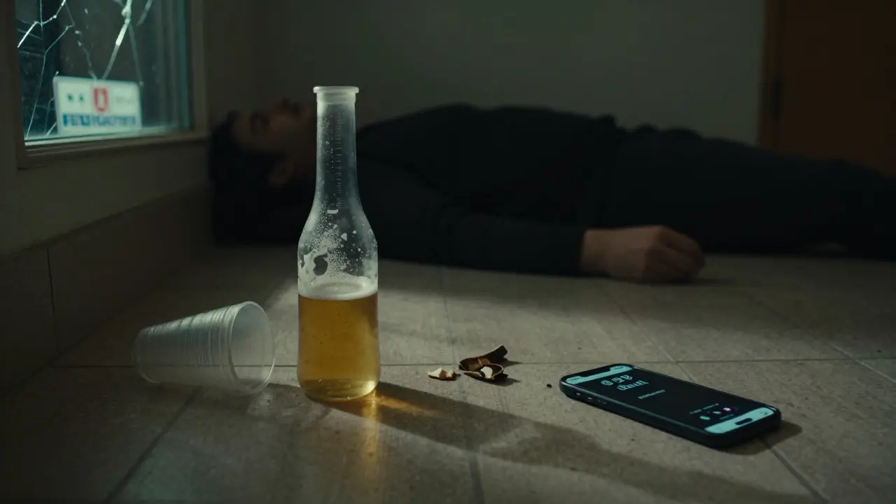 Prázdný bong a nevědomý člověk na podlaze koupelny v noci.