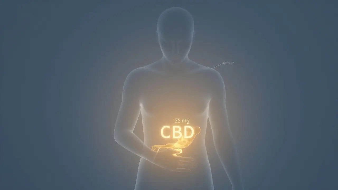 Průhledný lidský obraz s pozvolným zlatým zářením symbolizujícím účinek 25 mg CBD.