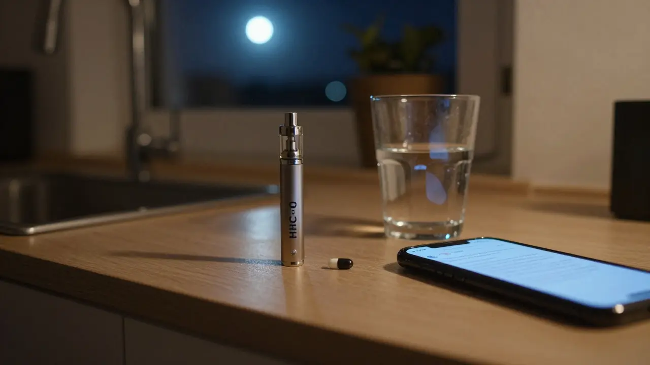 Pult v českém bytě s vape penem HHC-O, prázdnou kapslí, sklenicí vody a nečitelným telefonem, ve tmavém osvětlení měsíčního večera.