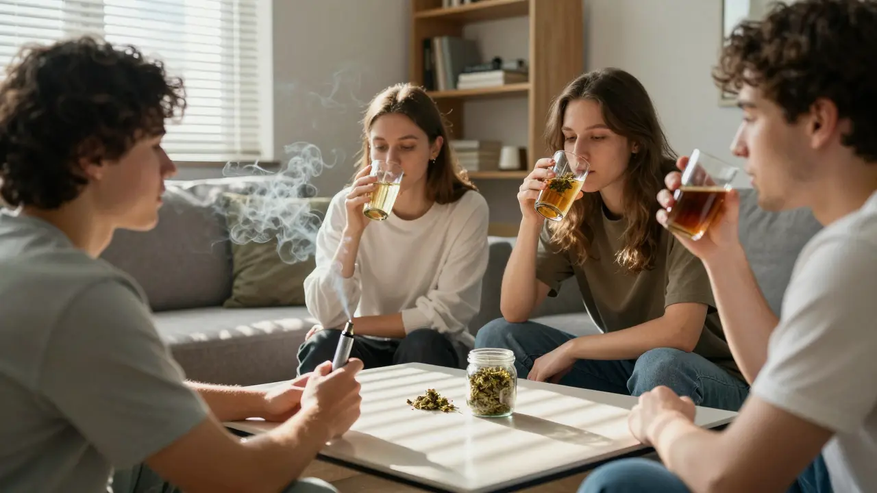 Skupina přátel v domácnosti s vaporizérem a nápojem s CBD.