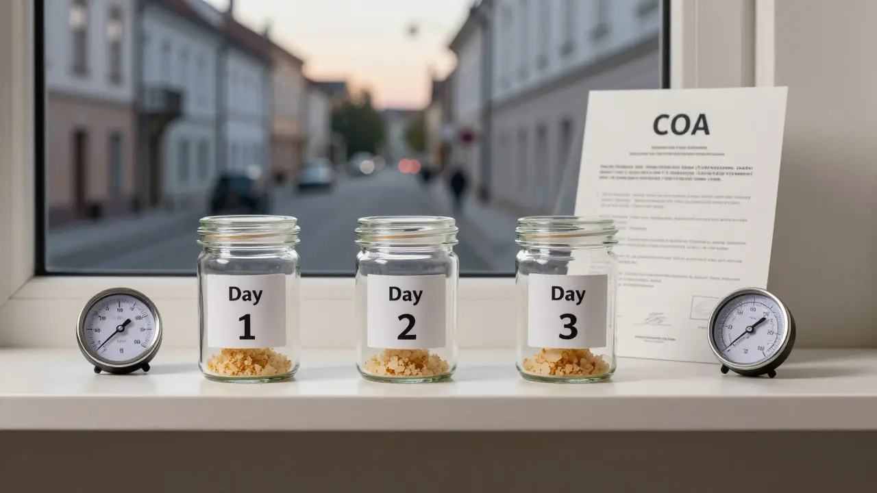 Tři skleněné nádoby s CBD crumble a certifikátem čistoty na minimalistické polici.