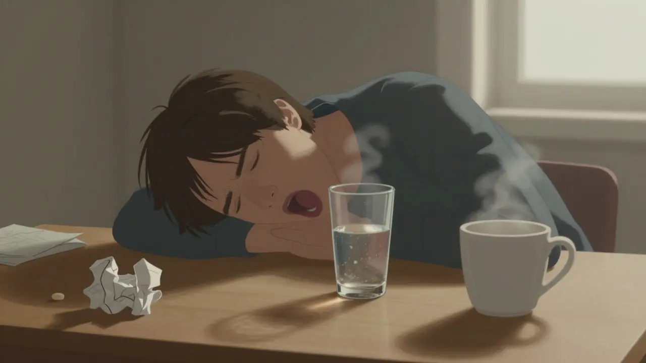 Unavený člověk u stolu se sklenicí vody