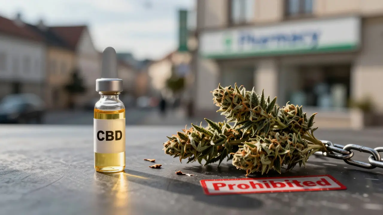 Váha s CBD olejem na jedné straně a marihuanou na druhé, symbolizující legální a nelegální stav.