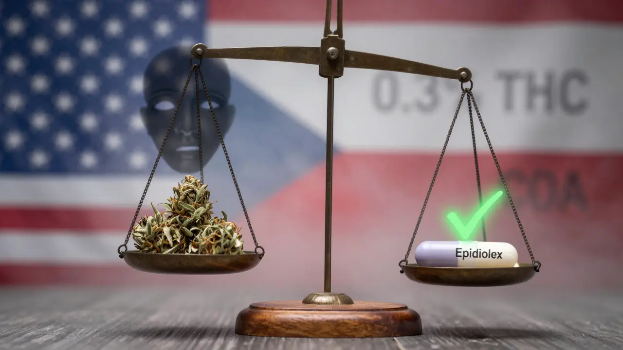 Váha s konopím a lékem Epidiolex, kde lék převažuje, symbolizující důvěryhodnost vs. neznámé riziko.