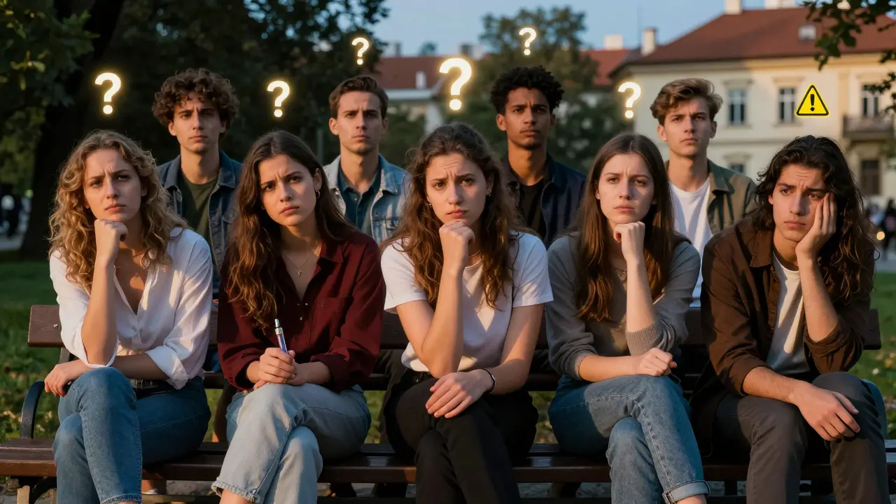 Young adults on a park bench, one using a vape, others expressing concern.