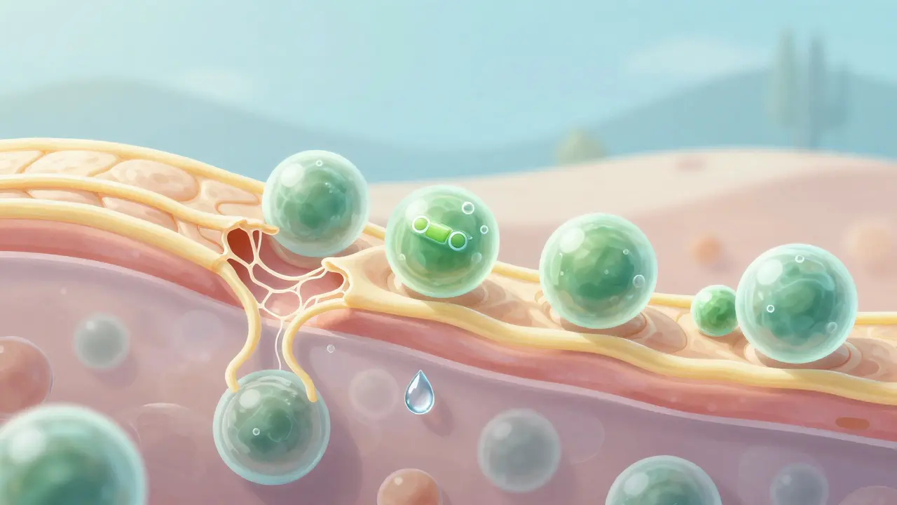 Zvětšený pohled na kůži: kolagen se rozpadá, CBD molekuly obnovují lipidovou bariéru.