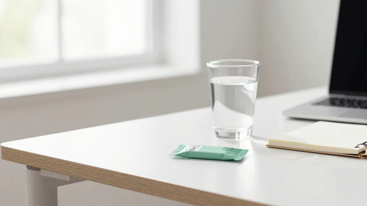 Balení CBD žvýkaček na minimalistickém kancelářském stole.