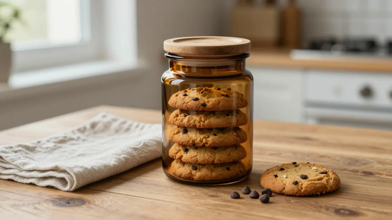 CBD cookies uložené v tmavé vzduchotěsné sklenici na rustikálním dřevěném stole.