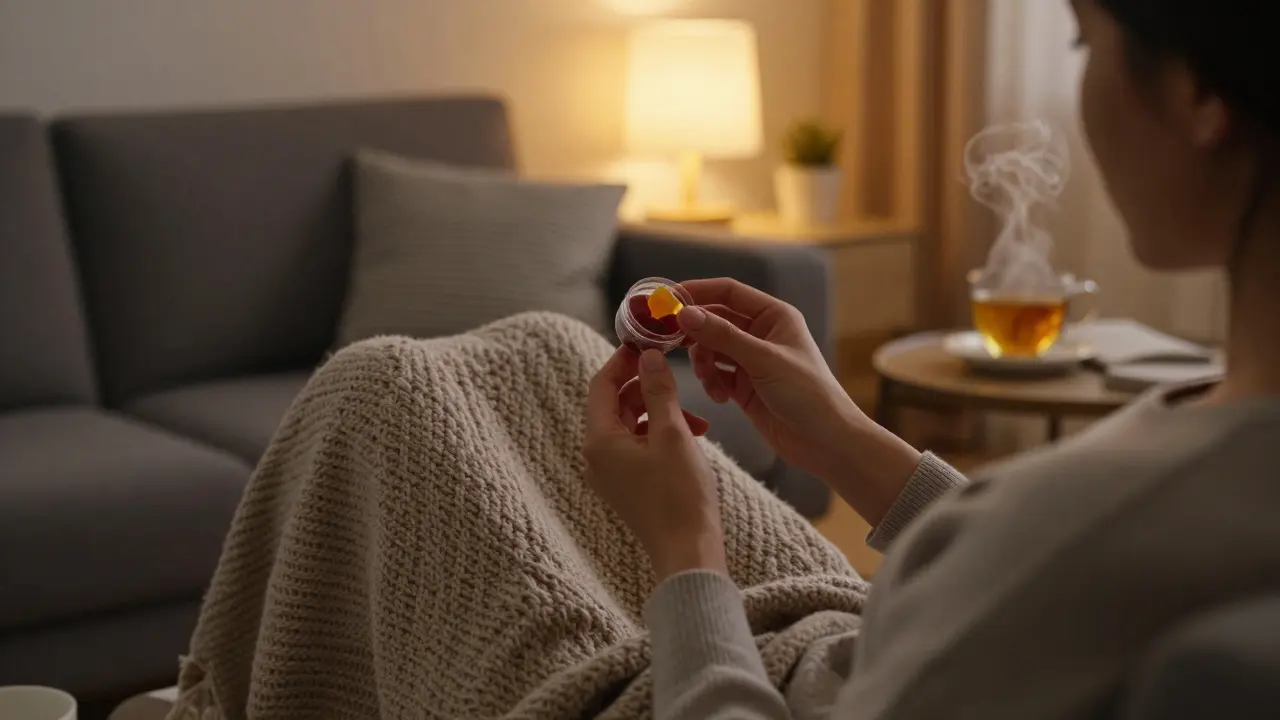 Člověk relaxující na pohovce s CBD gumičkami v útulném prostředí.