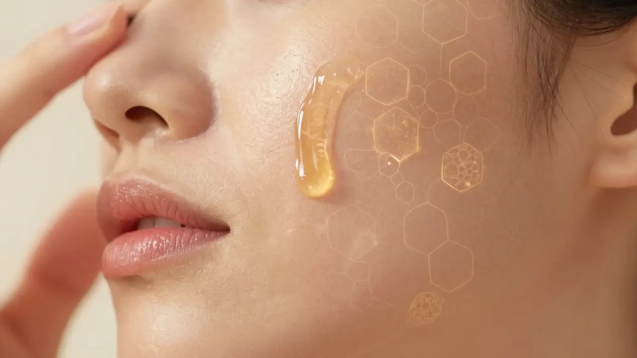 Detail nanášení zlatého CBG oleje na pleť s jemným světlem.