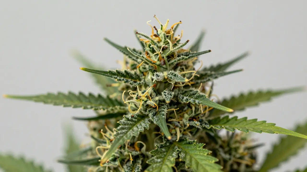 Detailní makro fotografie kvalitních CBD konopných květů.