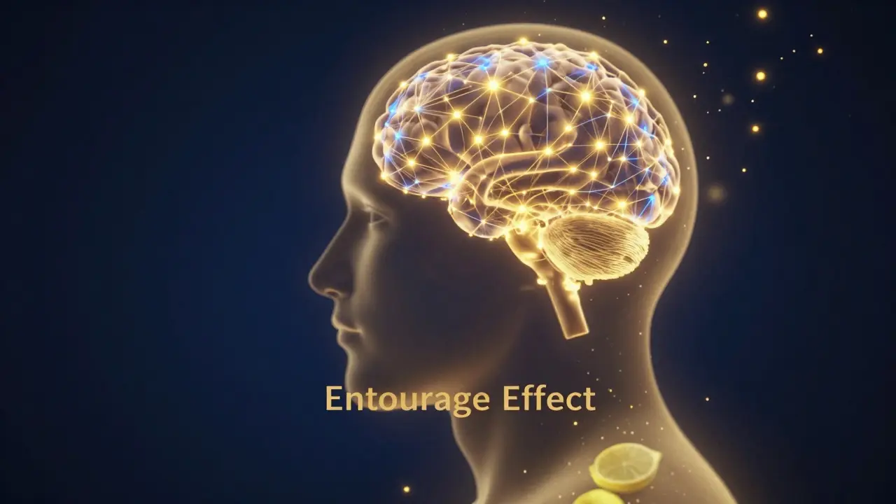 Digitální ilustrace efektu entourage a interakce kanabinoidů v lidském těle.