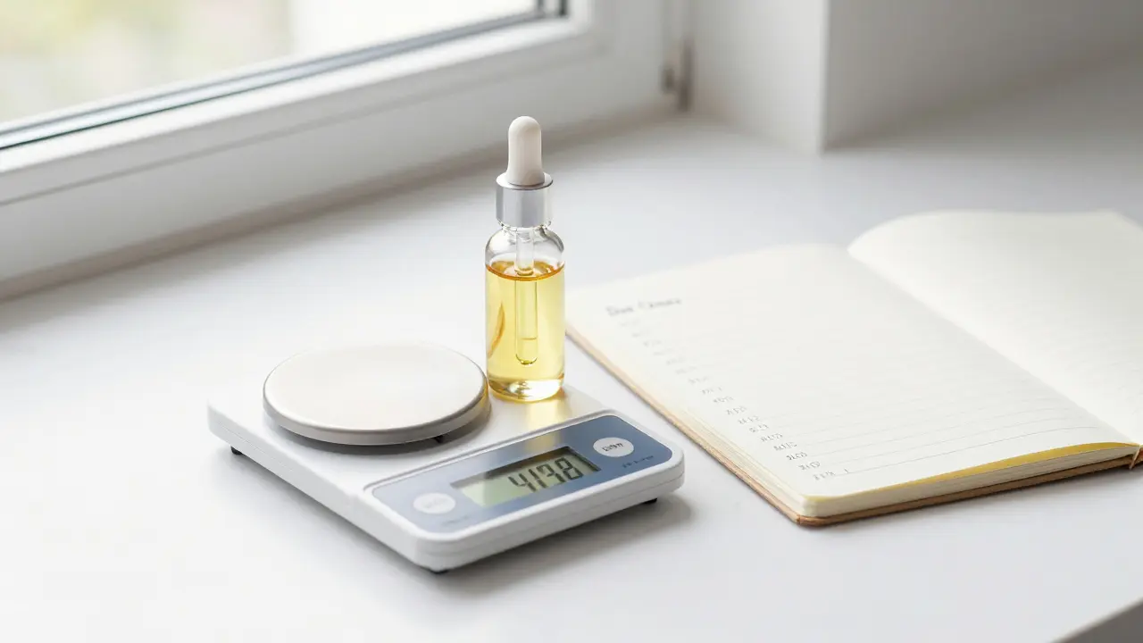 Digitální váha a zápisník s dávkováním vedle lahvičky s kanabinoidním olejem.