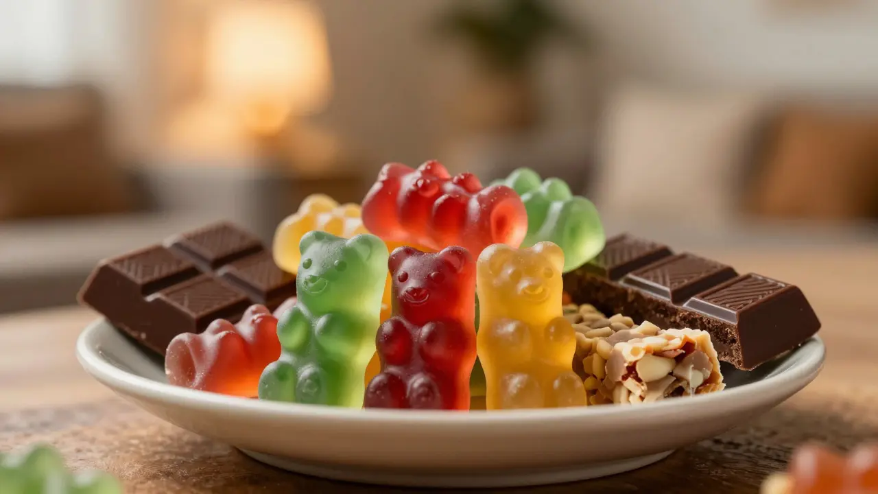 K colorful CBD gumové medvídky a čokoláda na elegantním talíři.