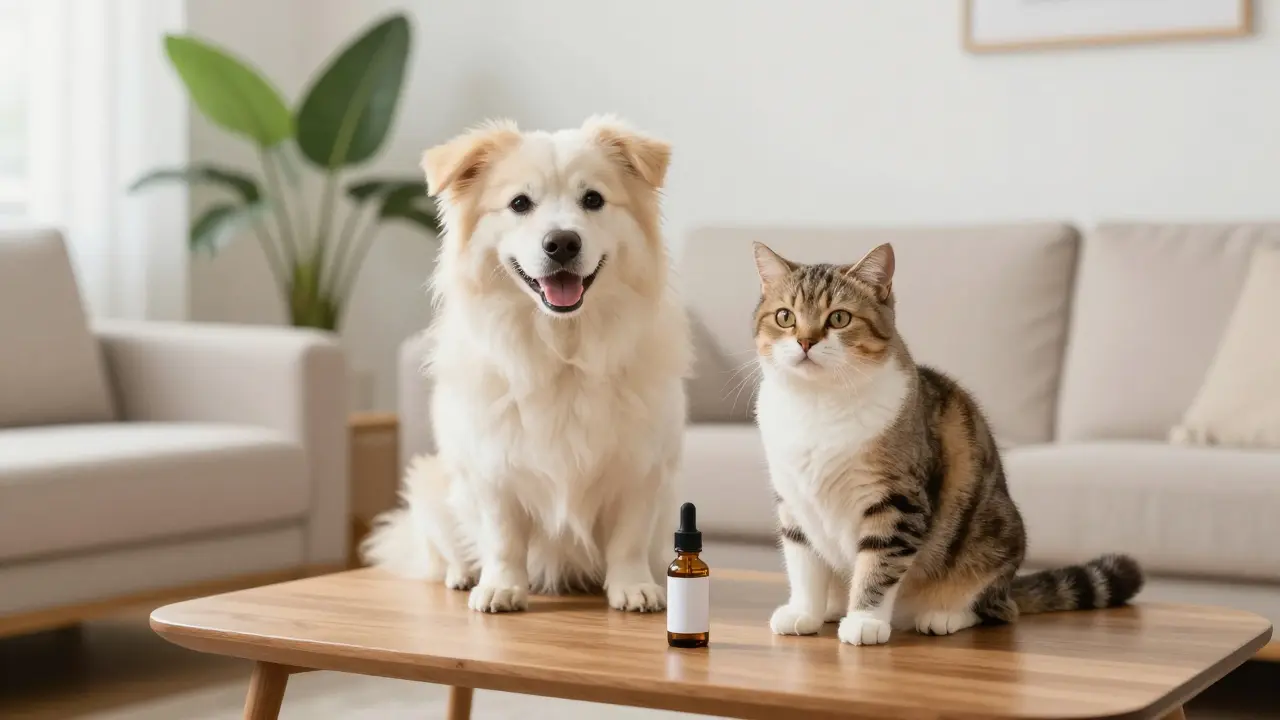 Klidný pes a kočka v obývacím pokoji s lahvičkou CBD oleje