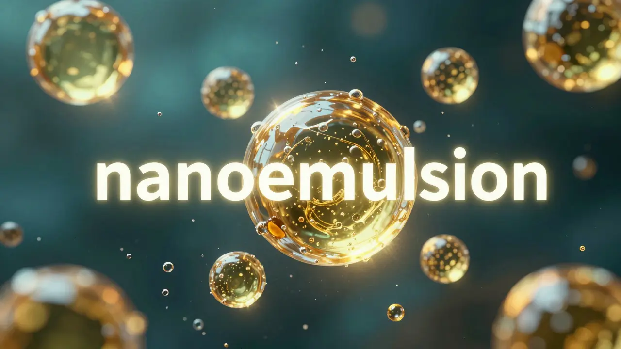 Konceptuální 3D zobrazení nanoemulze CBD v bublinkujícím nápoji.